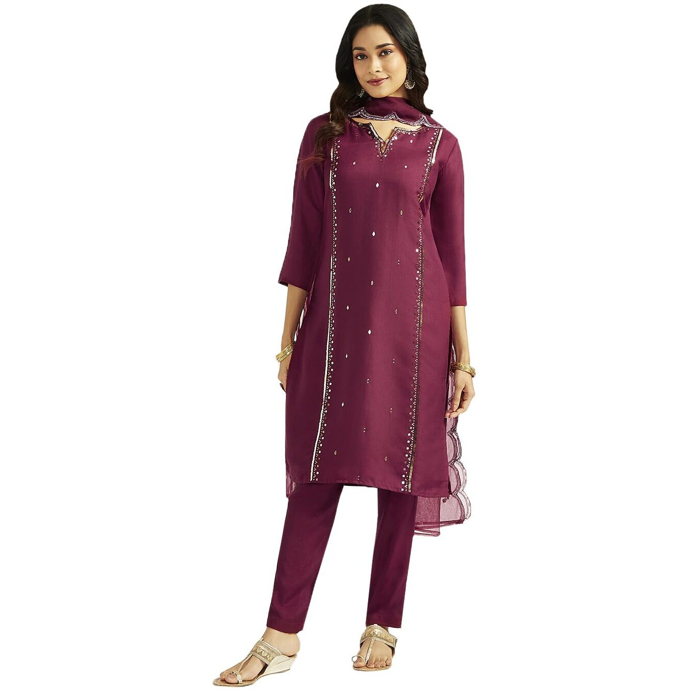 VASTRAMAY Women's Wine Kurta Set, Silk Blend Embroidered Sequined Kurta Pant And Dupatta Set For Women. Indian Suit Set for Festive Occasions, Weddings & Parties
