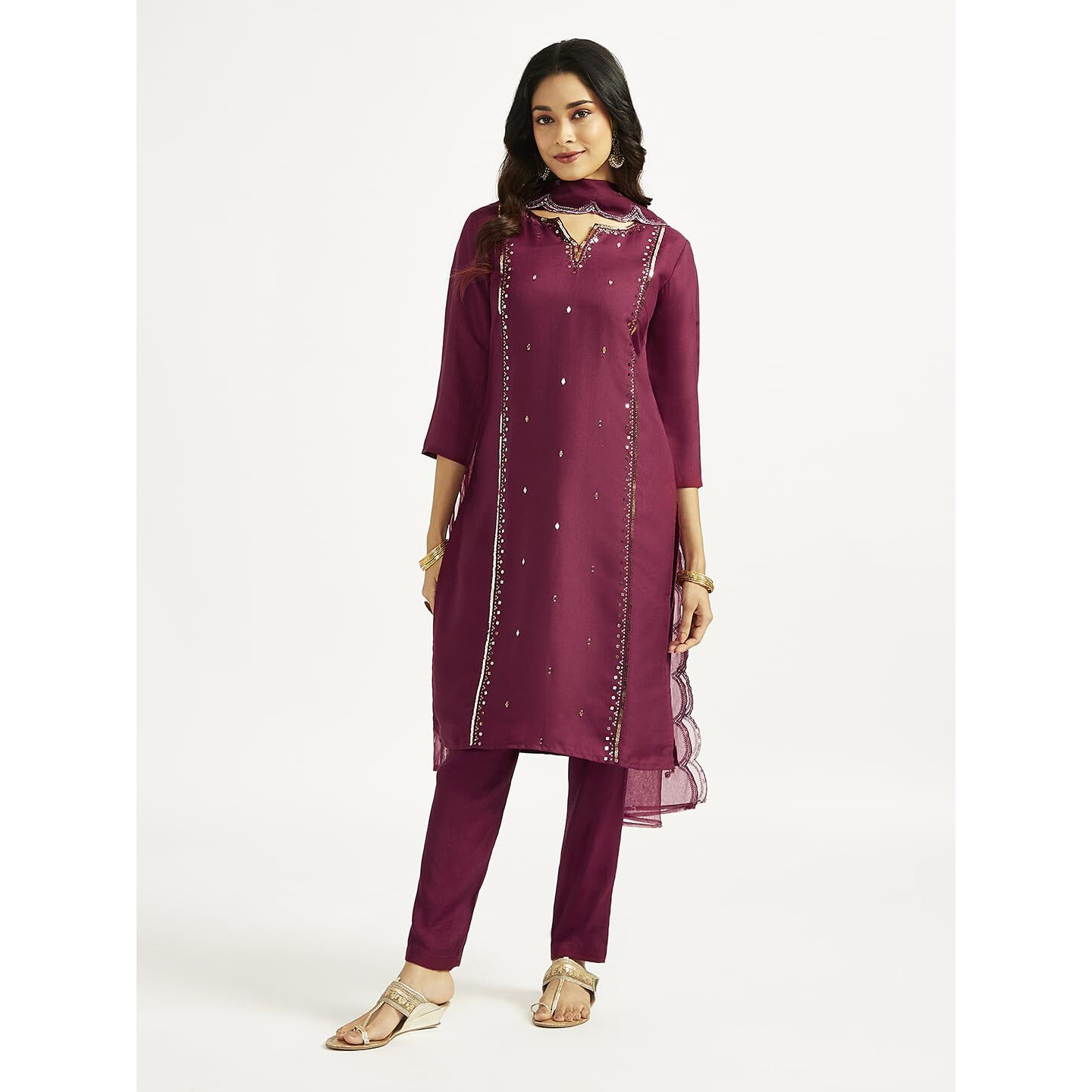 VASTRAMAY Women's Wine Kurta Set, Silk Blend Embroidered Sequined Kurta Pant And Dupatta Set For Women. Indian Suit Set for Festive Occasions, Weddings & Parties