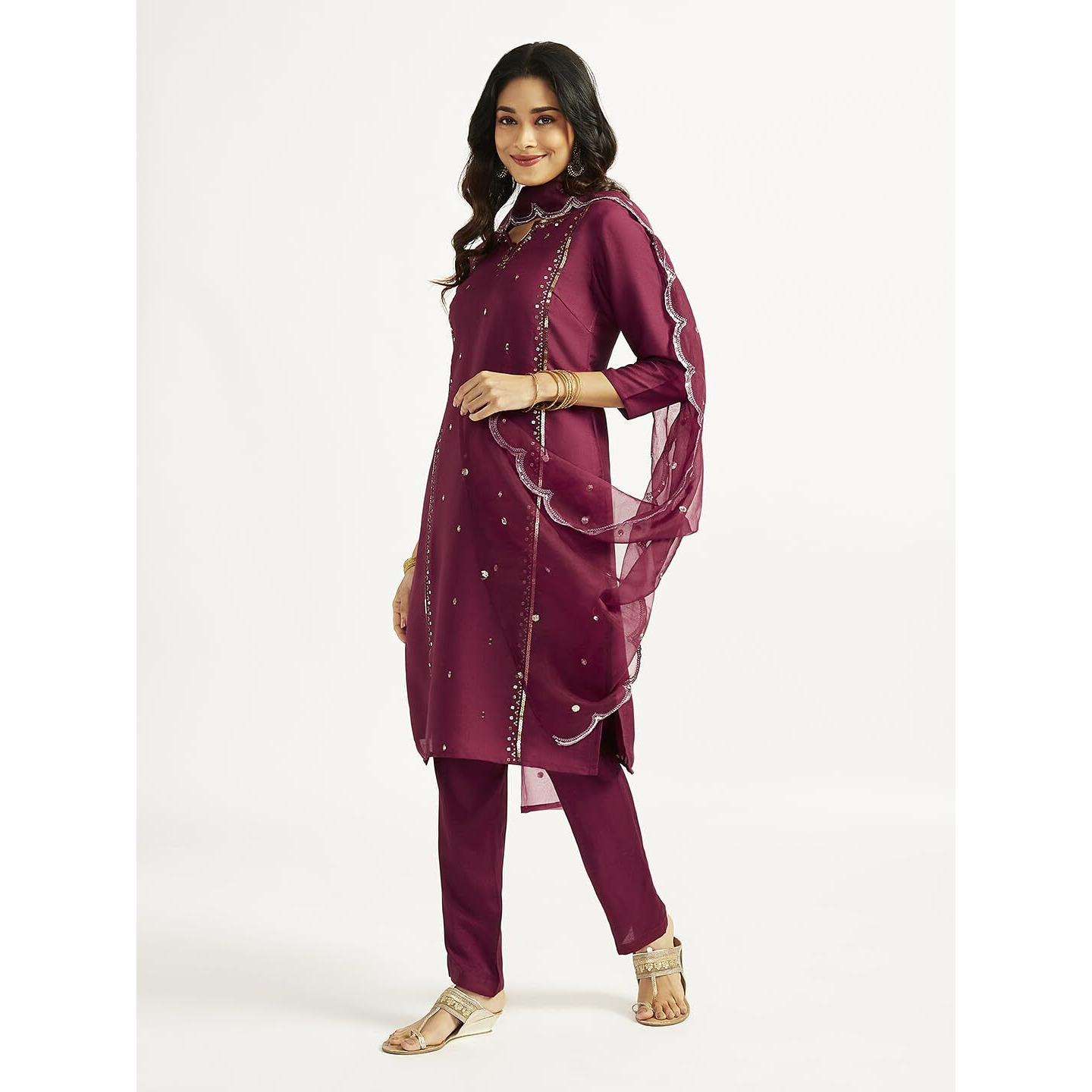 VASTRAMAY Women's Wine Kurta Set, Silk Blend Embroidered Sequined Kurta Pant And Dupatta Set For Women. Indian Suit Set for Festive Occasions, Weddings & Parties