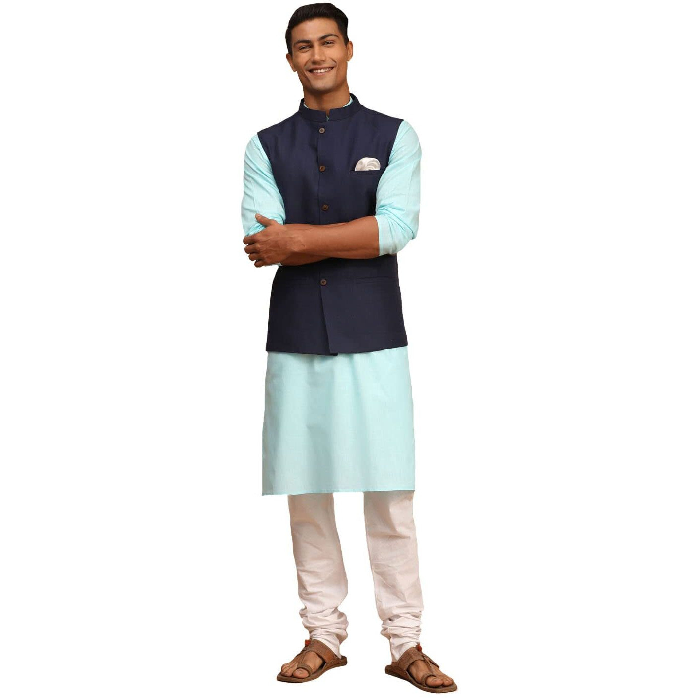 VASTRAMAY Men's Aqua, Navy Blue And White Cotton Blend Jacket, Kurta and Pyjama Set-VASMJ061NBnK007AQnPCWH_42