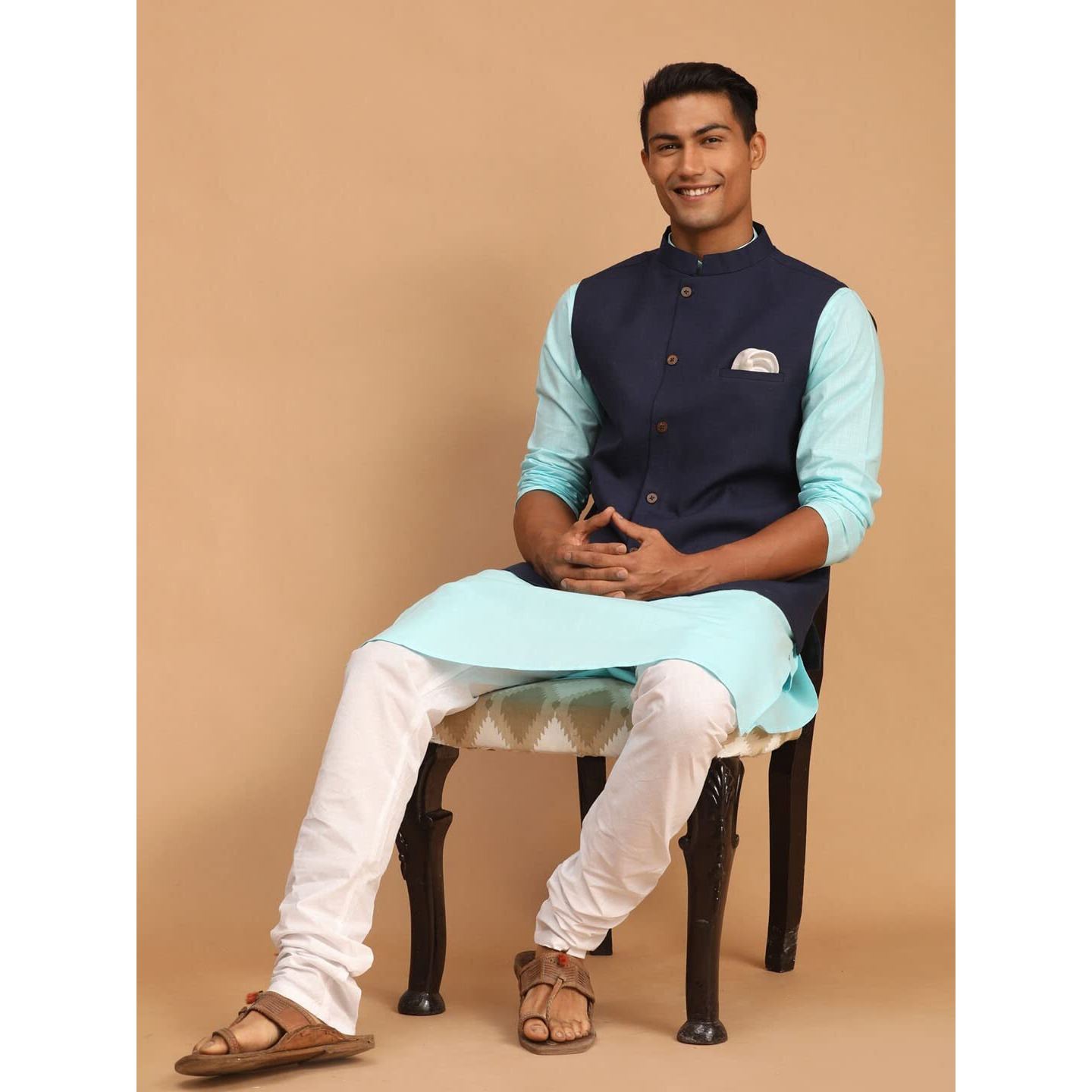 VASTRAMAY Men's Aqua, Navy Blue And White Cotton Blend Jacket, Kurta and Pyjama Set-VASMJ061NBnK007AQnPCWH_42