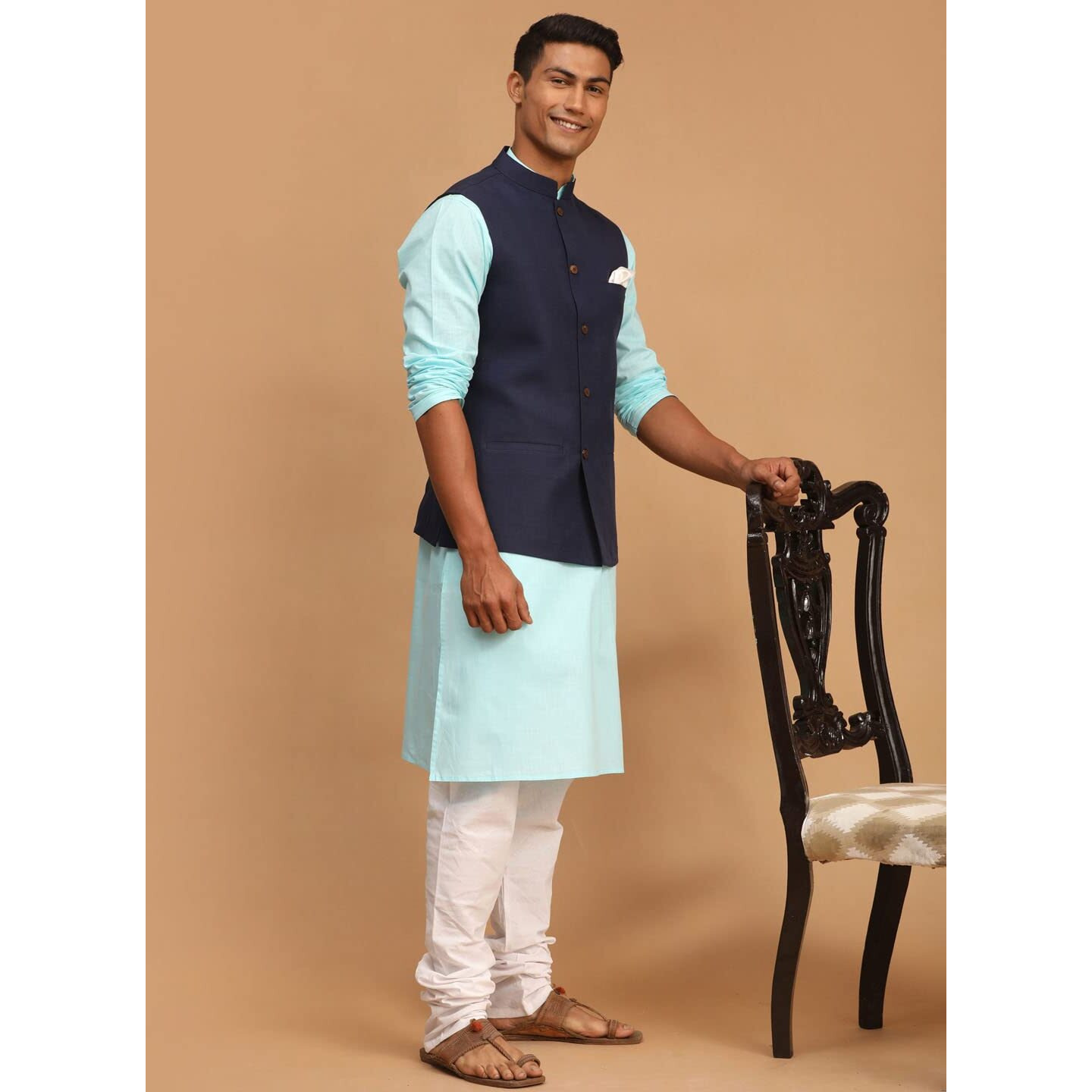 VASTRAMAY Men's Aqua, Navy Blue And White Cotton Blend Jacket, Kurta and Pyjama Set-VASMJ061NBnK007AQnPCWH_42