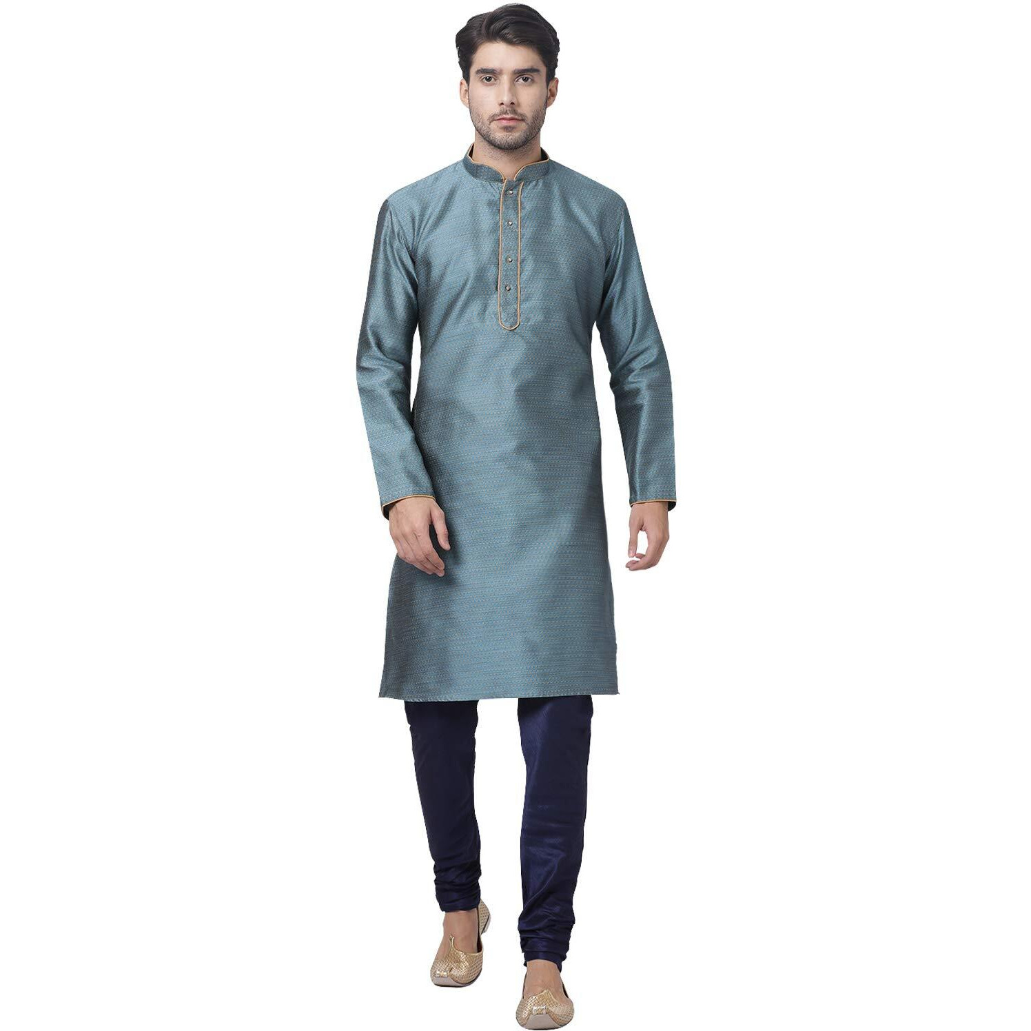 VASTRAMAY Men's Aqua Cotton Silk Blend Kurta and Pyjama Set_VASMK047AQnPNB_38