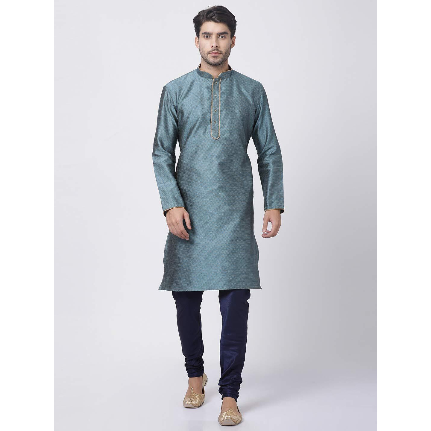 VASTRAMAY Men's Aqua Cotton Silk Blend Kurta and Pyjama Set_VASMK047AQnPNB_38