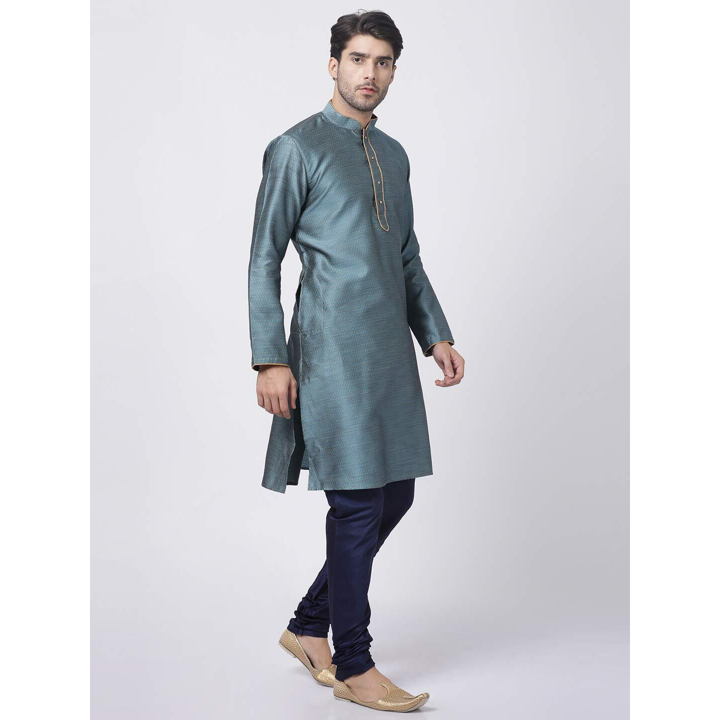 VASTRAMAY Men's Aqua Cotton Silk Blend Kurta and Pyjama Set_VASMK047AQnPNB_38