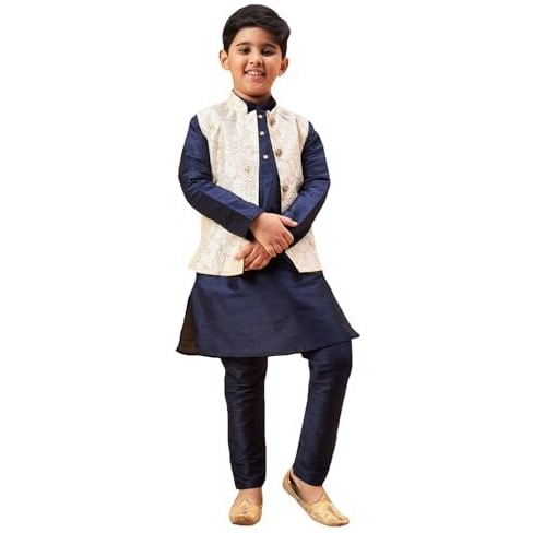 VASTRAMAY Boys' Beige And Navy Blue Jacket, Kurta and Pyjama Set_JBNBJ016BGnBKNB001nPNB_28