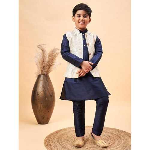 VASTRAMAY Boys' Beige And Navy Blue Jacket, Kurta and Pyjama Set_JBNBJ016BGnBKNB001nPNB_28
