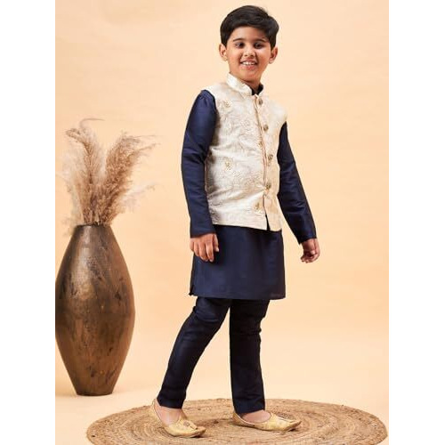 VASTRAMAY Boys' Beige And Navy Blue Jacket, Kurta and Pyjama Set_JBNBJ016BGnBKNB001nPNB_28