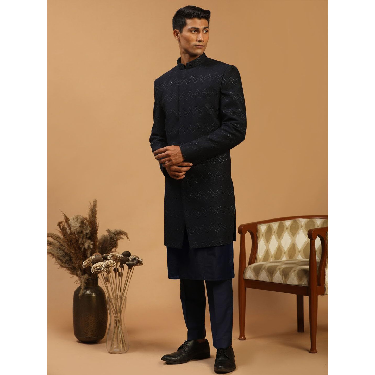 VASTRAMAY Men's Navy Blue Viscose Sherwani Set | Imported Fabric Designer Indowestern, Kurta And Pant style Pyjama Set