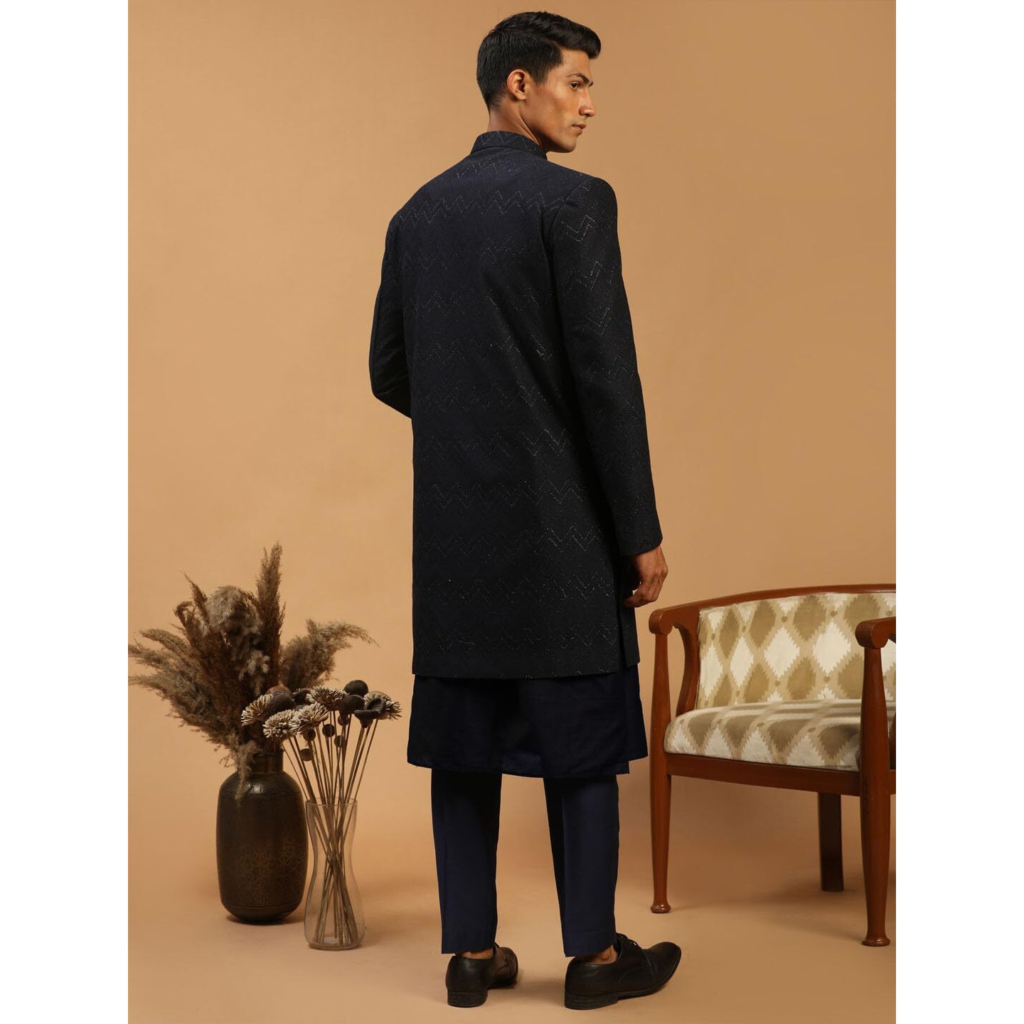 VASTRAMAY Men's Navy Blue Viscose Sherwani Set | Imported Fabric Designer Indowestern, Kurta And Pant style Pyjama Set