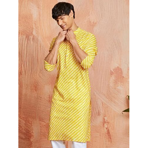 VASTRAMAY Men's Cotton Lahariya Printed Kurta  Contemporary Festive Ethnic Wear Yellow