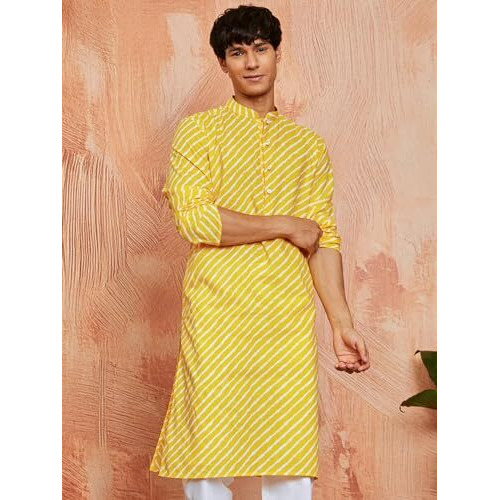 VASTRAMAY Men's Cotton Lahariya Printed Kurta  Contemporary Festive Ethnic Wear Yellow