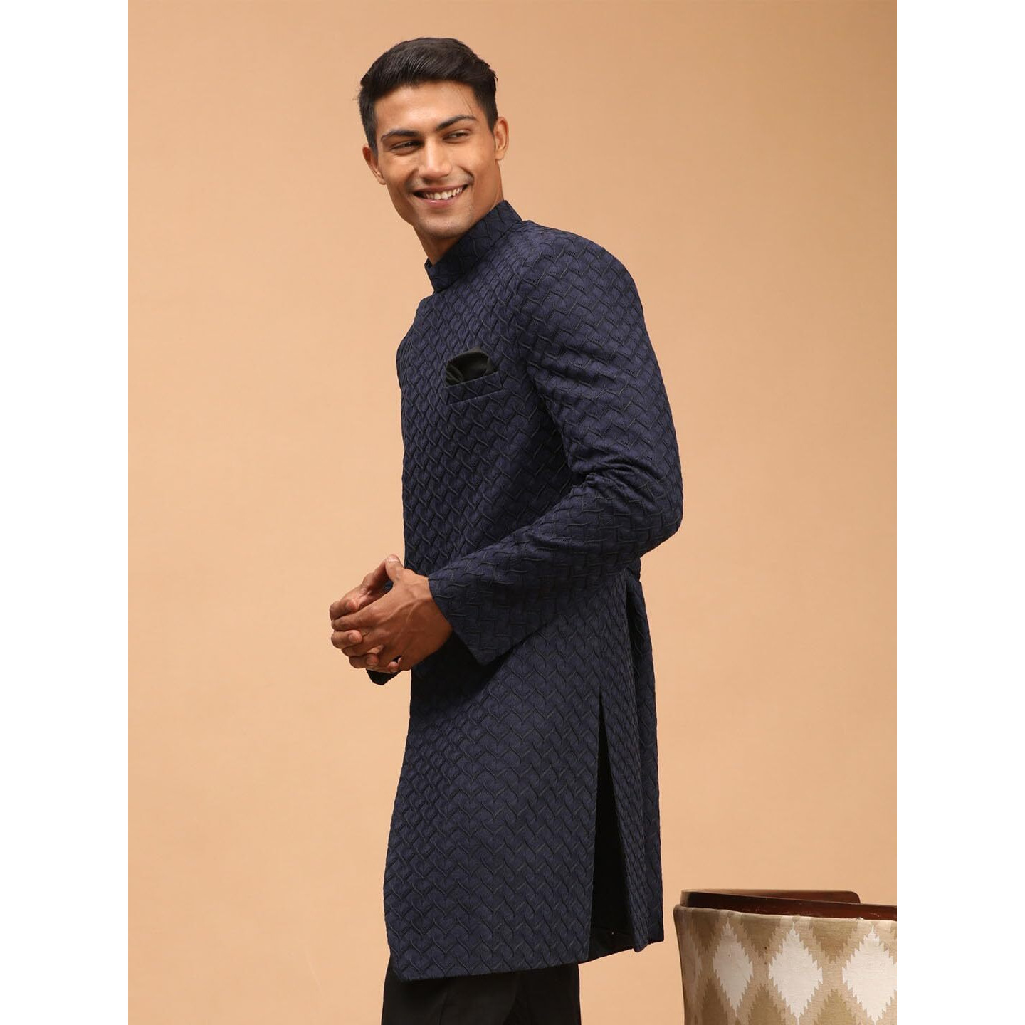VASTRAMAY Men's Navy Blue Silk Blend Sherwani Only Top | Imported Fabric Designer Indowestern Top Only