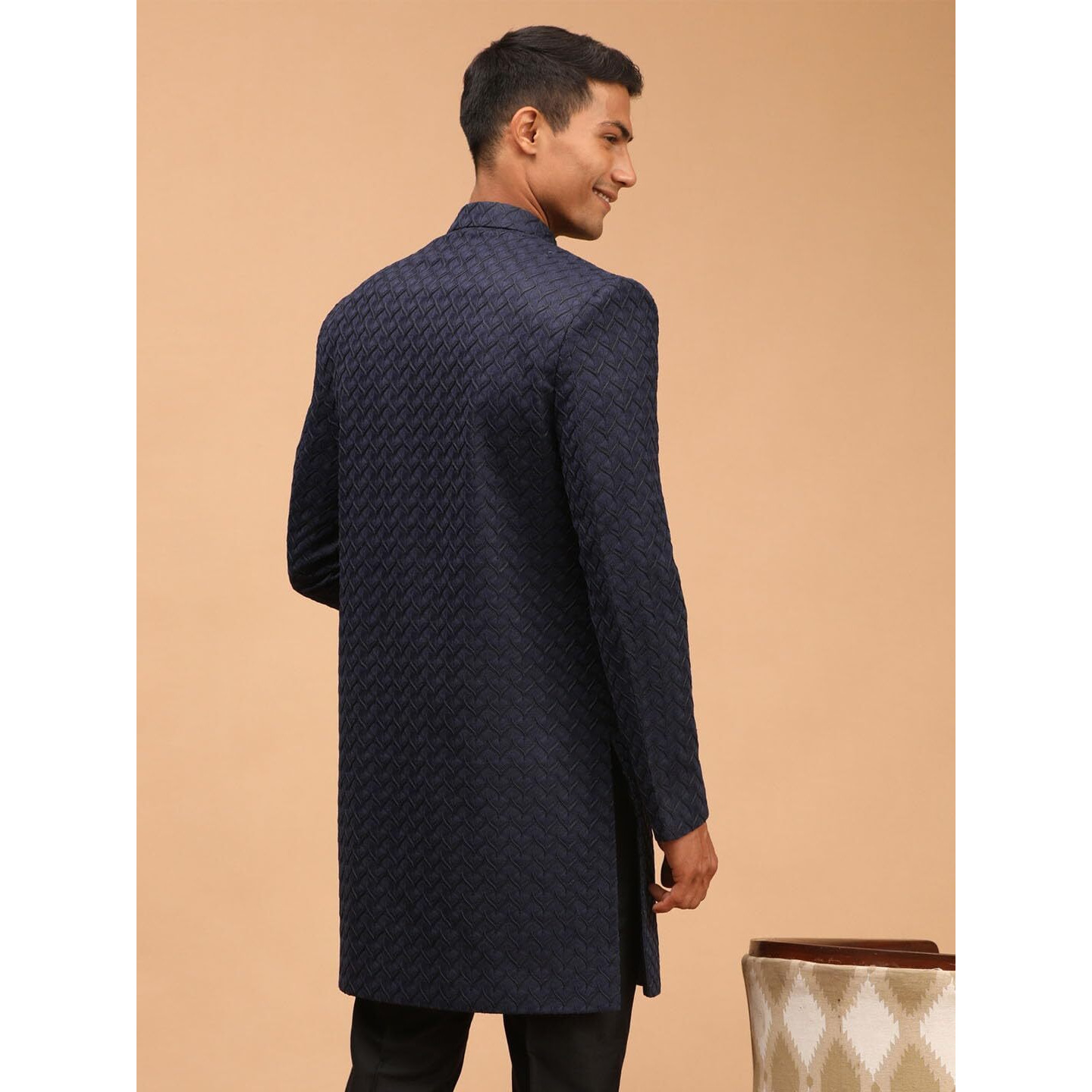 VASTRAMAY Men's Navy Blue Silk Blend Sherwani Only Top | Imported Fabric Designer Indowestern Top Only