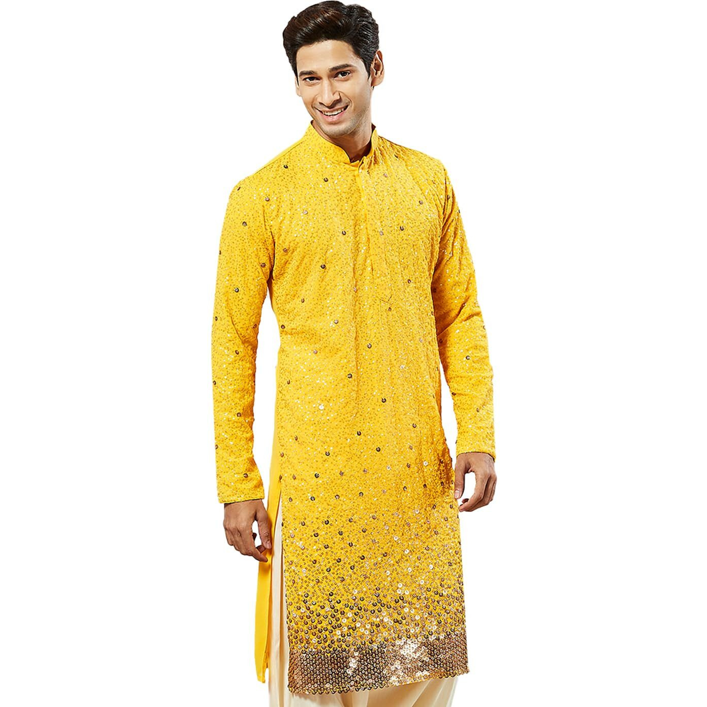 VASTRAMAY Men's Yellow Georgette Kurta, All Over sequinced in Ombre Design Kurta for Weddings & Festivals, Traditional Indian Wear