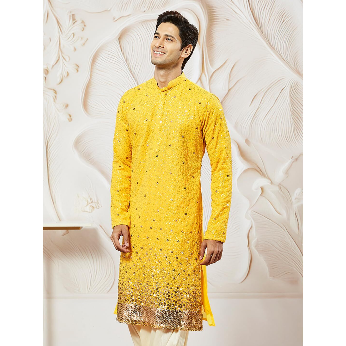 VASTRAMAY Men's Yellow Georgette Kurta, All Over sequinced in Ombre Design Kurta for Weddings & Festivals, Traditional Indian Wear