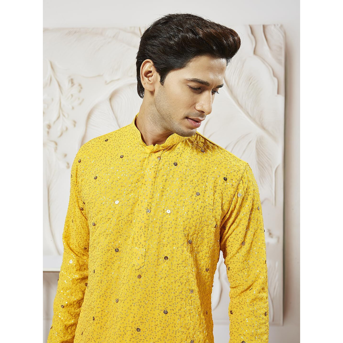 VASTRAMAY Men's Yellow Georgette Kurta, All Over sequinced in Ombre Design Kurta for Weddings & Festivals, Traditional Indian Wear