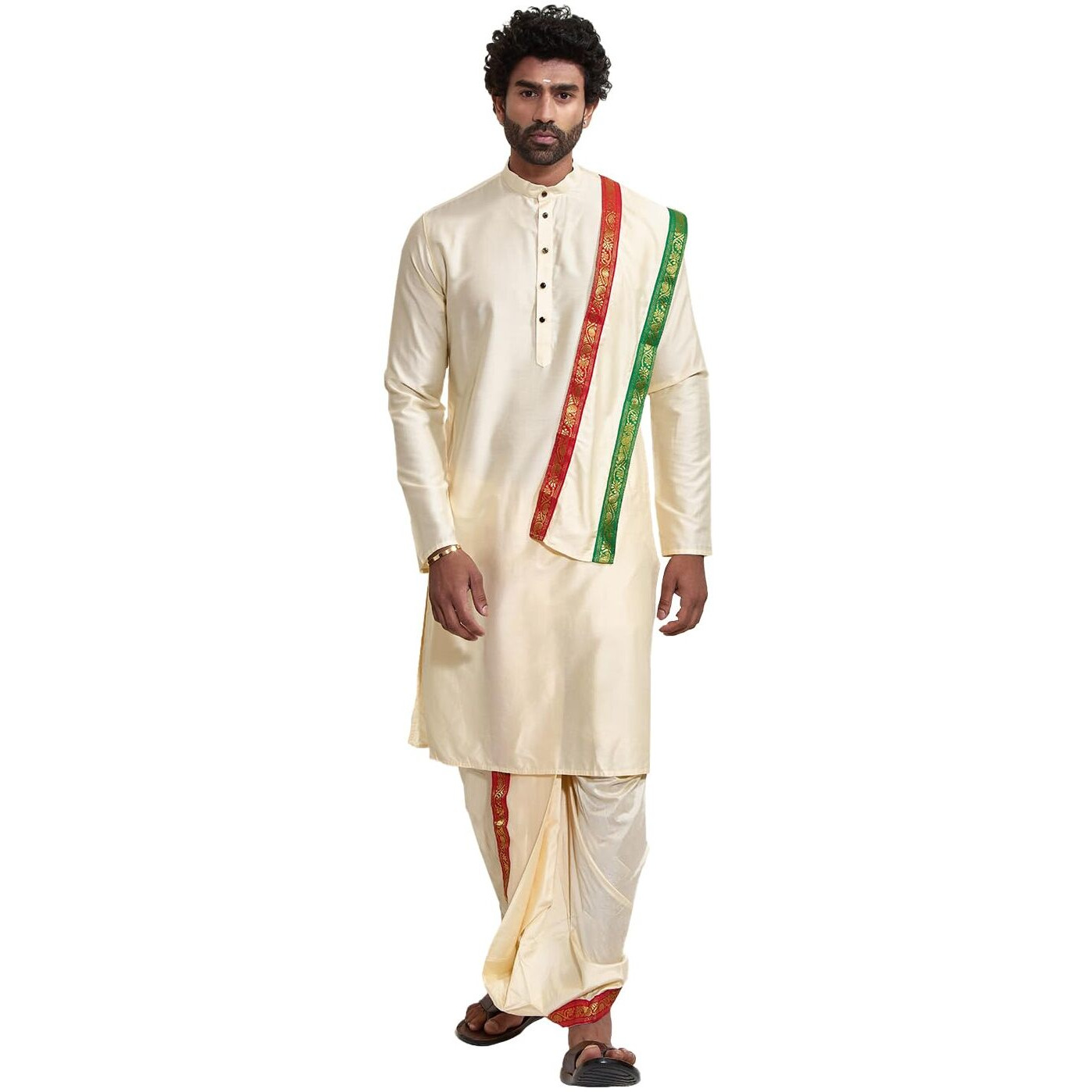 VASTRAMAY Mens' Gold Cotton Blend Kurta Dhoti And Dupatta_VASMDK007GO_36
