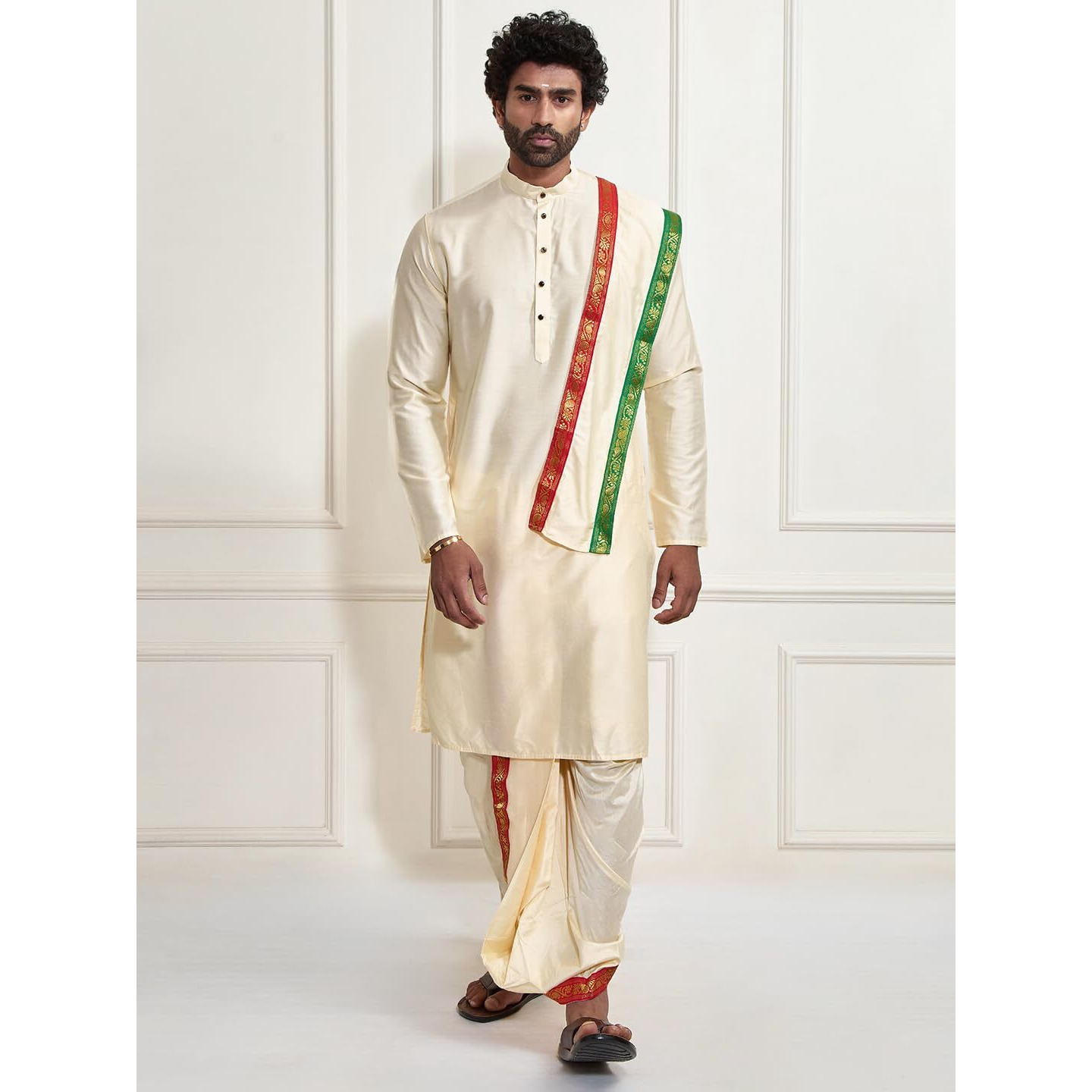 VASTRAMAY Mens' Gold Cotton Blend Kurta Dhoti And Dupatta_VASMDK007GO_36