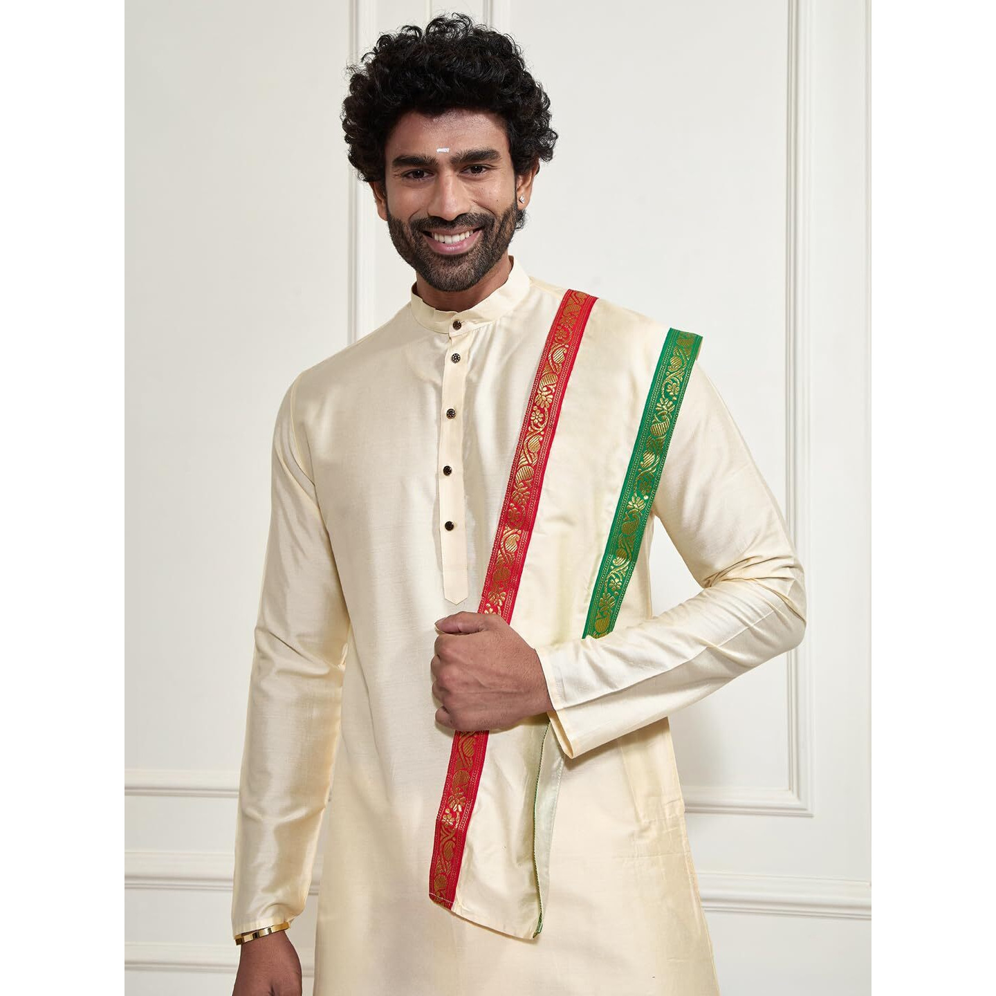 VASTRAMAY Mens' Gold Cotton Blend Kurta Dhoti And Dupatta_VASMDK007GO_36