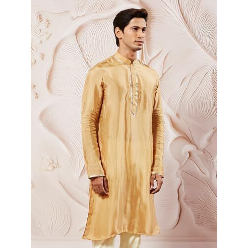 VASTRAMAY Men's Gold Tissue Silk Kurta Pyjama Set - Perfect for Weddings and Festivals