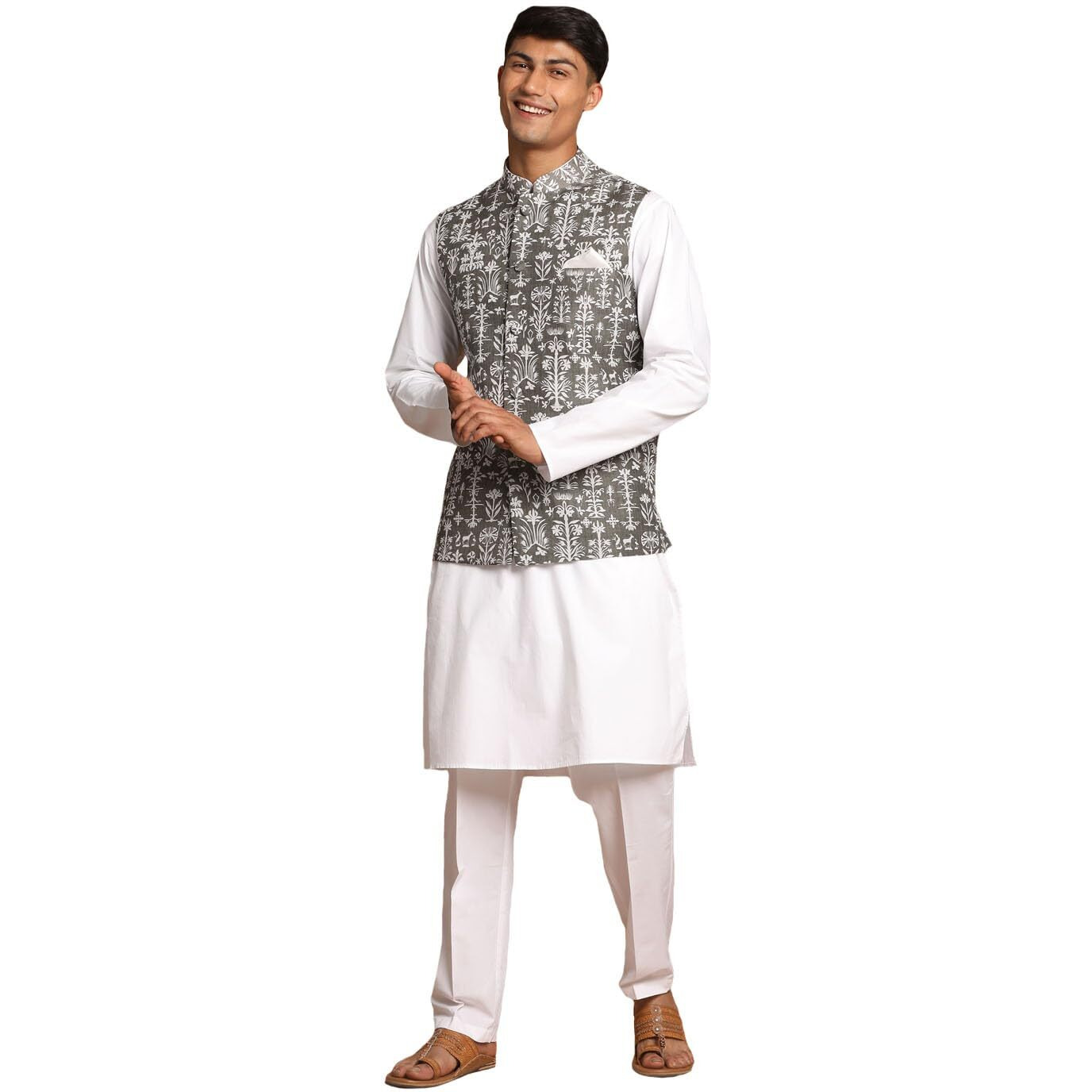 VASTRAMAY Men's Green And White Pure Cotton Jacket, Kurta and Pyjama Set-AW1_VASMJ067MInKWH000nPANT004WH_40
