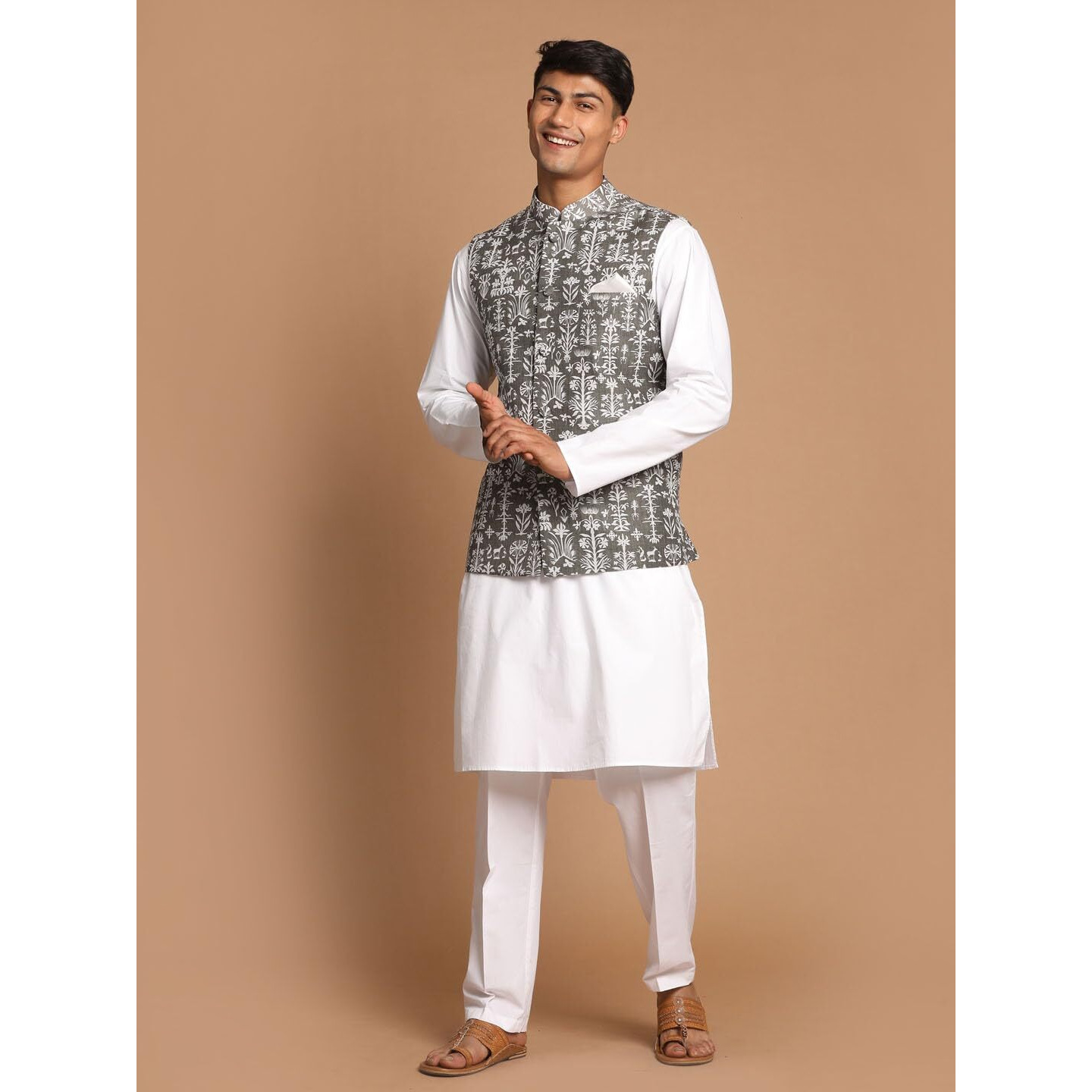 VASTRAMAY Men's Green And White Pure Cotton Jacket, Kurta and Pyjama Set-AW1_VASMJ067MInKWH000nPANT004WH_40