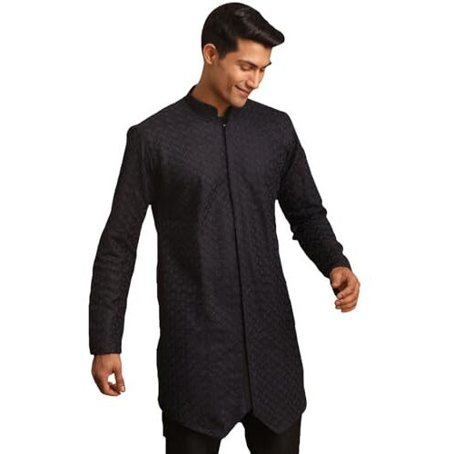VASTRAMAY Men's Navy Blue Silk Blend Kurta | Imported Fabric Designer Kurta | Timeless Elegance for Festivals & Events | Classic Design, Premium Comfort, and Versatile Style