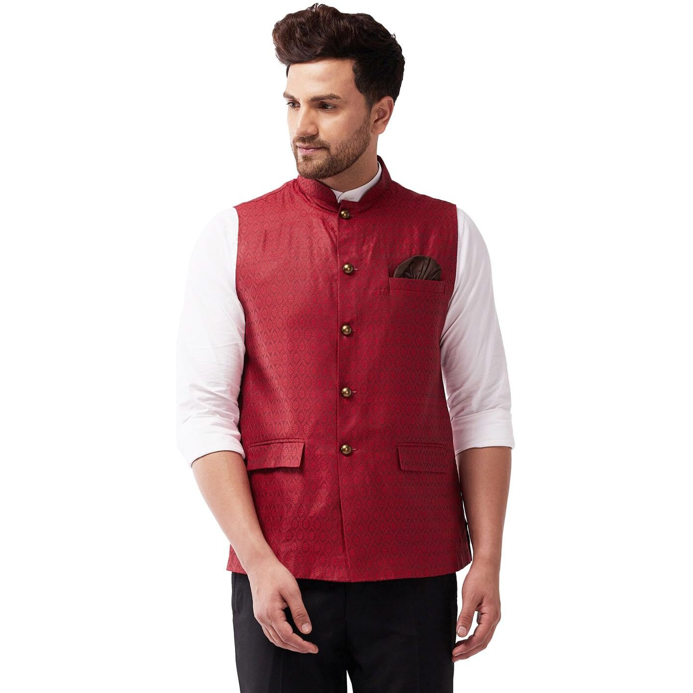 VASTRAMAY Men's Maroon Silk Blend Nehru Jackets_VASMJ105MA_40
