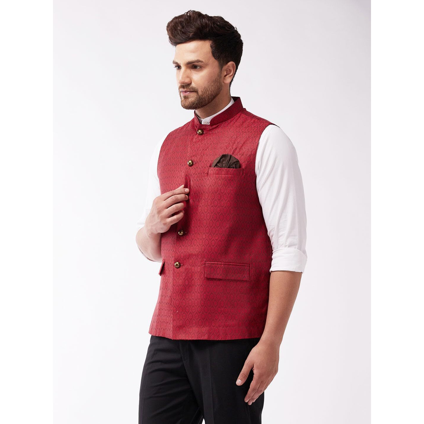 VASTRAMAY Men's Maroon Silk Blend Nehru Jackets_VASMJ105MA_40