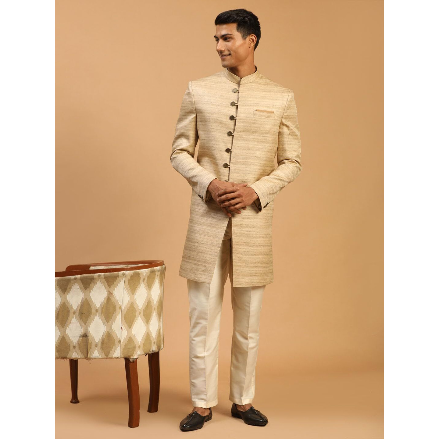 VASTRAMAY Men's Beige Silk Blend Sherwani Set_VASMIW032BGnPANT002CR_40