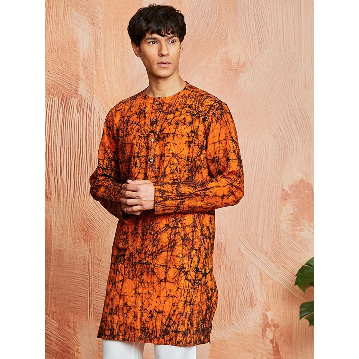 VASTRAMAY Men's Summer Special Printed Cotton Batik Kurta  Ethnic Wear for Casual & Festive Occasions Orange