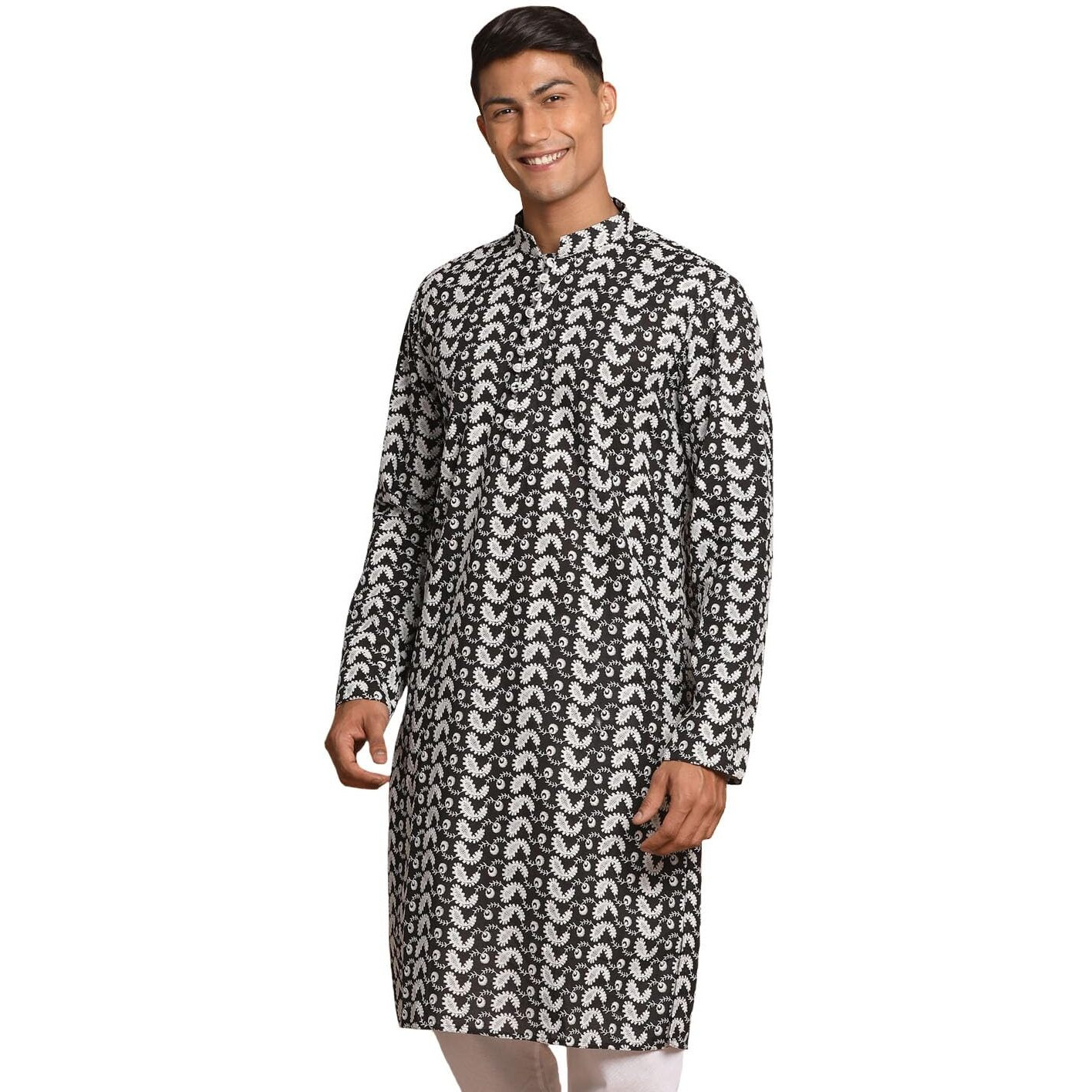 VASTRAMAY Men's Black And White Pure Cotton Kurta, Certainly A Must Have Classic Ensemble Of Lukhnowi Chikankari Kurta - Traditional for Navratri & Diwali, Wedding