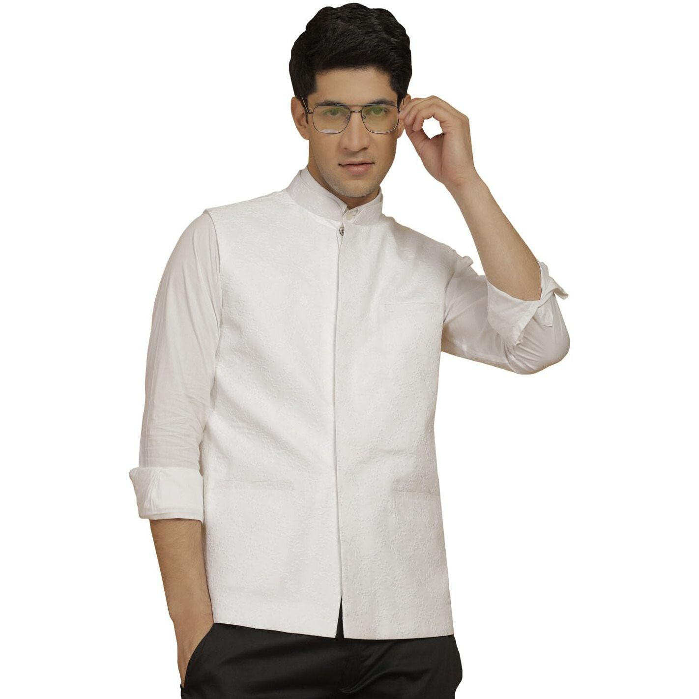 VASTRAMAY Men's Cotton Nehru Jacket I Allover Embroidered Jacket Regular Nehru Jacket I Fastive Party Wedding Neharu Jackets_VASMJ358WH_36