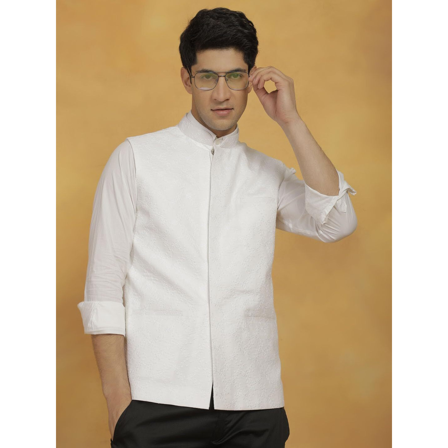 VASTRAMAY Men's Cotton Nehru Jacket I Allover Embroidered Jacket Regular Nehru Jacket I Fastive Party Wedding Neharu Jackets_VASMJ358WH_36