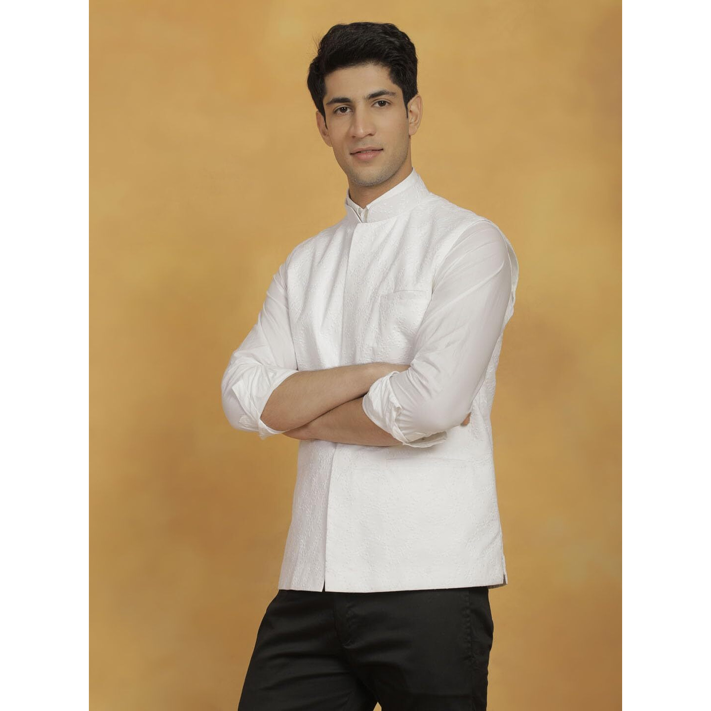 VASTRAMAY Men's Cotton Nehru Jacket I Allover Embroidered Jacket Regular Nehru Jacket I Fastive Party Wedding Neharu Jackets_VASMJ358WH_36