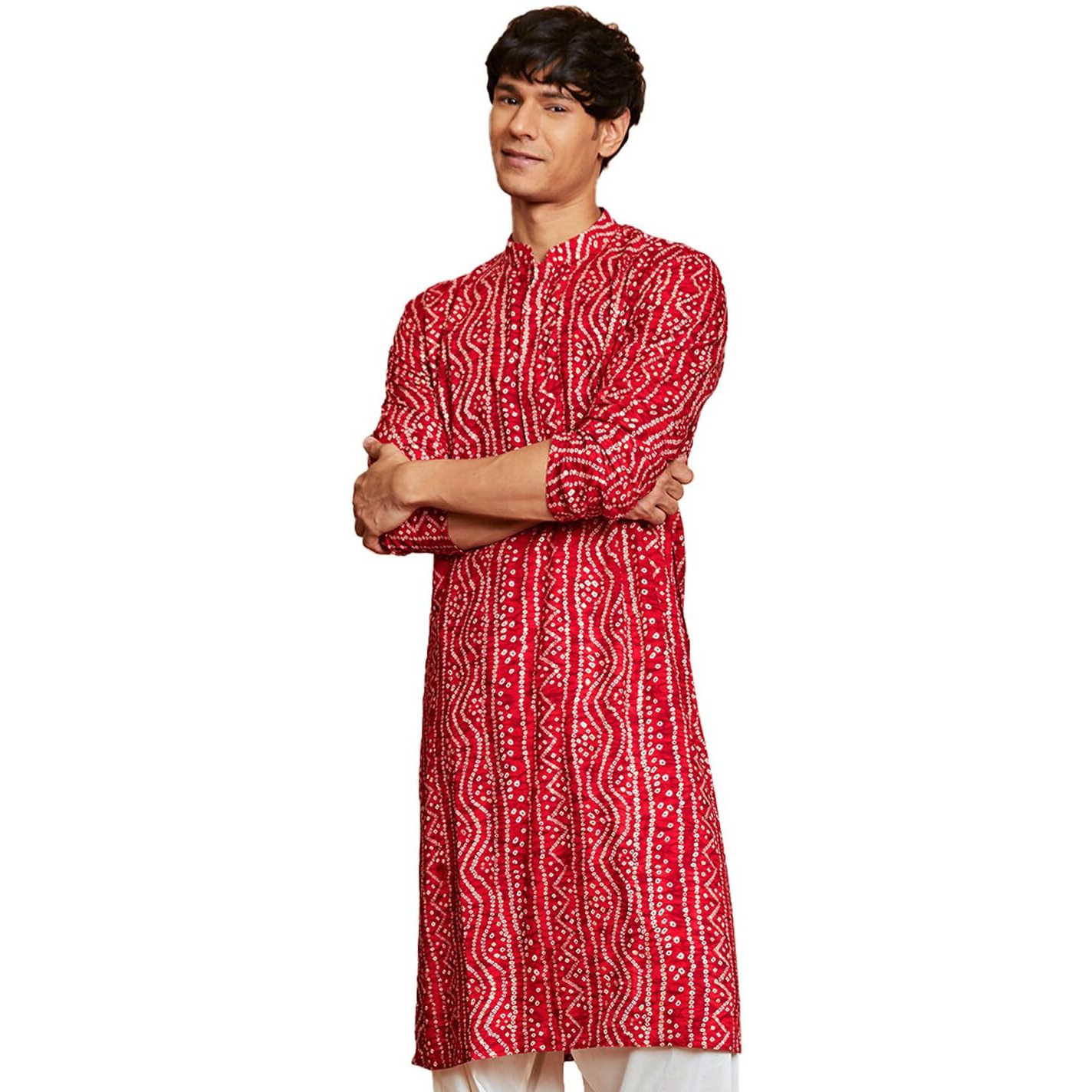 VASTRAMAY Men's Cotton Bandhani Printed Kurta  Stylish Ethnic Wear for Festive & Occasions Red