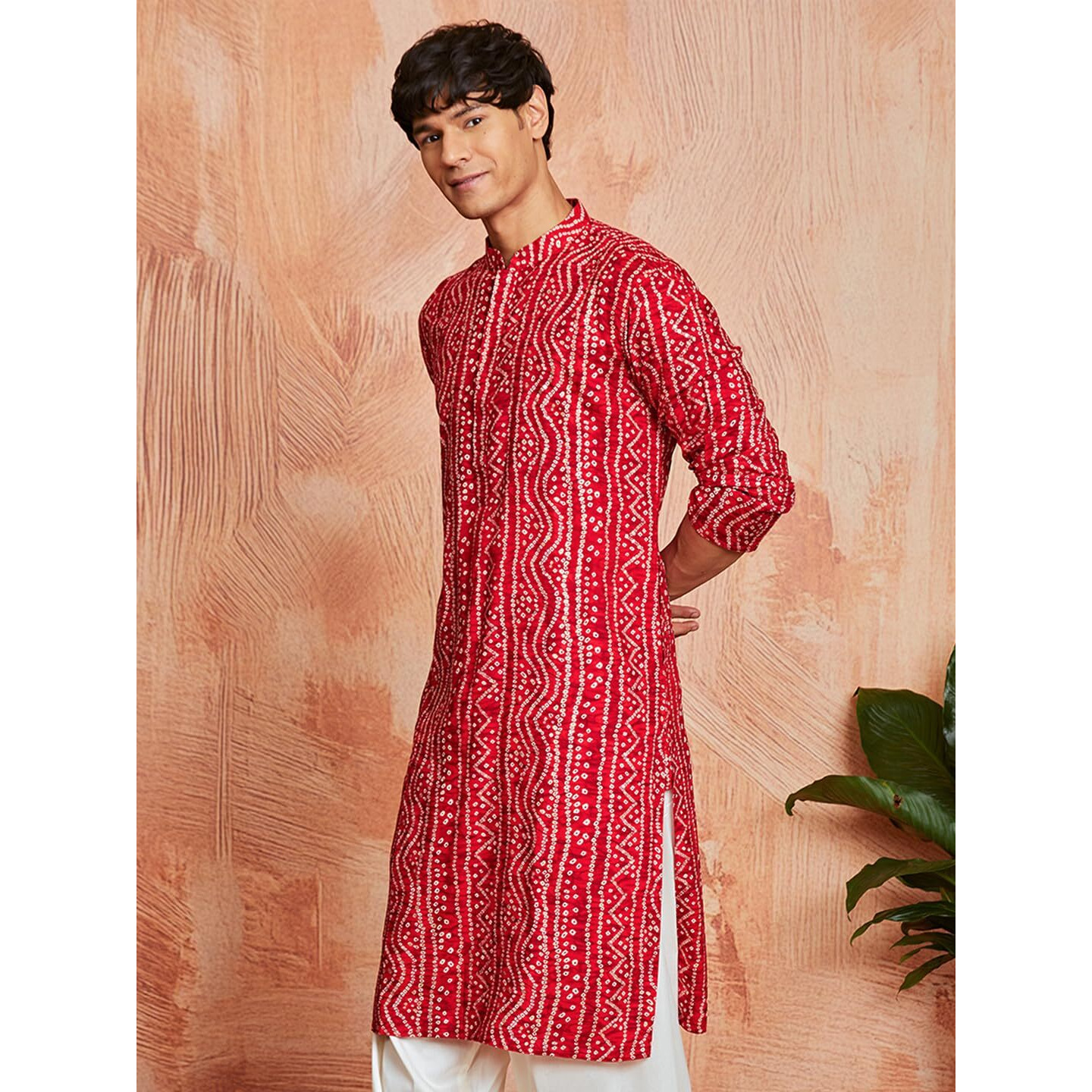 VASTRAMAY Men's Cotton Bandhani Printed Kurta  Stylish Ethnic Wear for Festive & Occasions Red