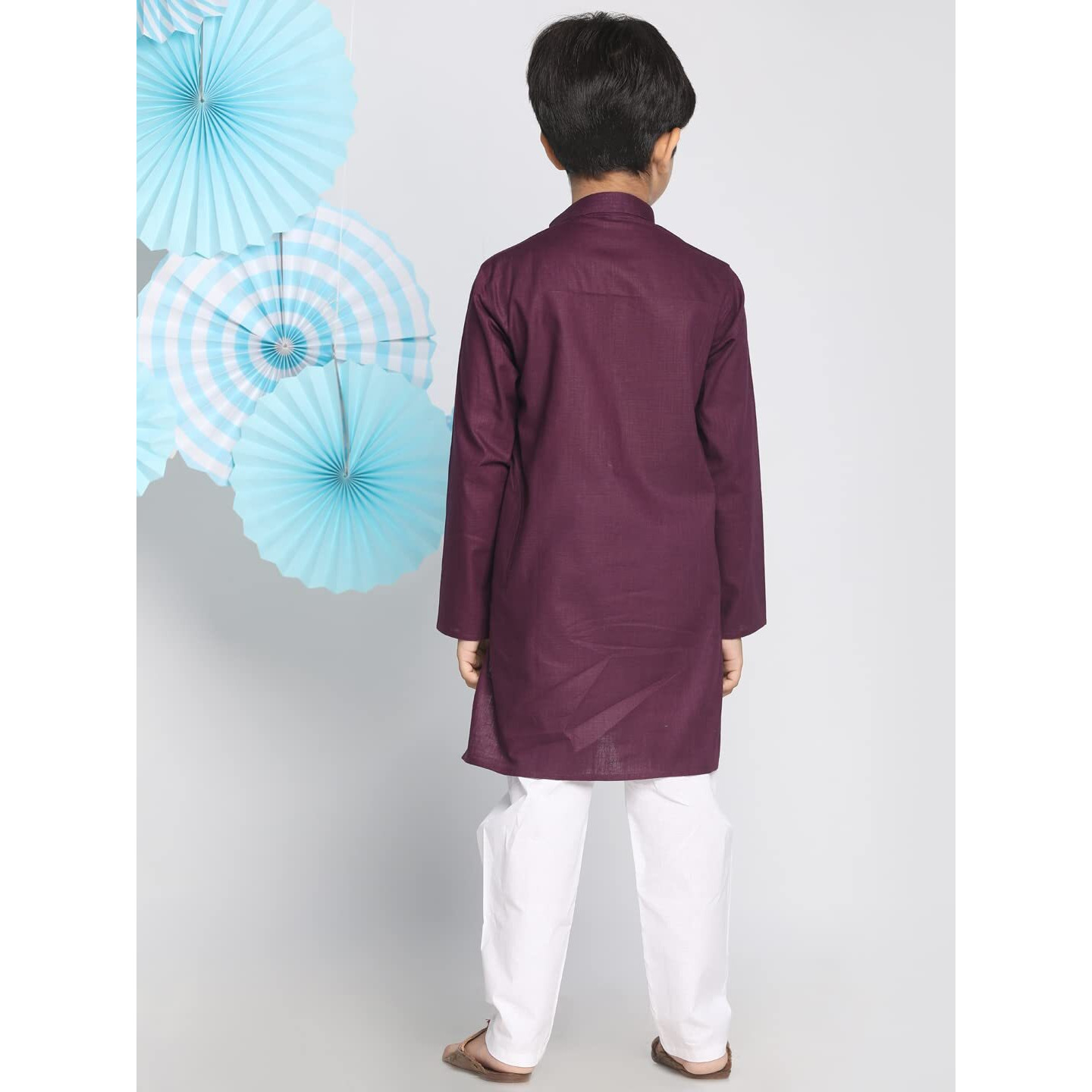 VASTRAMAY Boys' Cotton Solid Color Kurta with Full Sleeves, Mandarin Collar & Wooden Buttons  White Elasticated Waist Pyjama Set for Ethnic and Festive Occasions