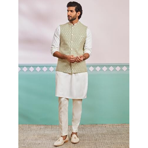 VASTRAMAY Men's Pista Green Fine Satin Nehru Jacket, Kurta And Pyjama Set. - This men's embroidered Nehru jacket, solid cream kurta, and pant set is a perfect blend of elegance and tradition.