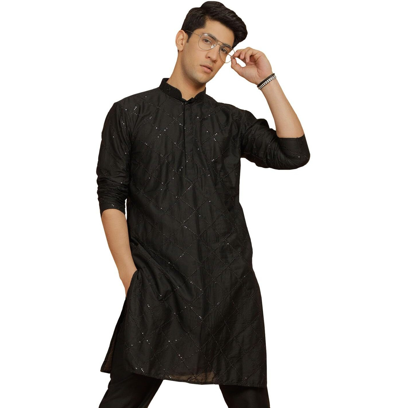 VASTRAMAY Men's Black Viscose Kurta I Allover Embroidered Sequined Knee Length Kurta I Fastive Party Wedding Traditions Kurta_VASMK418BL_38