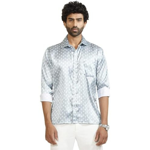 VASTRAMAY Men's Grey and White Satin Stylish Allover Printed Full-Sleeve Shirt in Silk-Like Fabric, Tailored Fit, for Formal Occasions and Celebrations