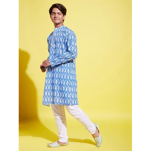VASTRAMAY YUVA Boys' Aqua Blue And White Ikkat Kurta Pyjama Set_VYUVBK068AQnPWH_36XL