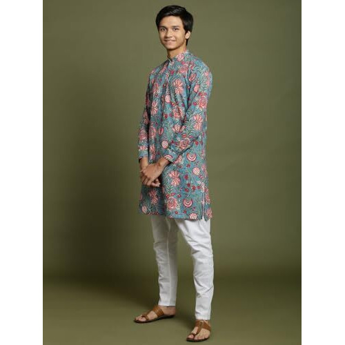 VASTRAMAY YUVA Boys' Aqua And White Kurta Pyjama Set_VYUVBK205AQnPCWH_36