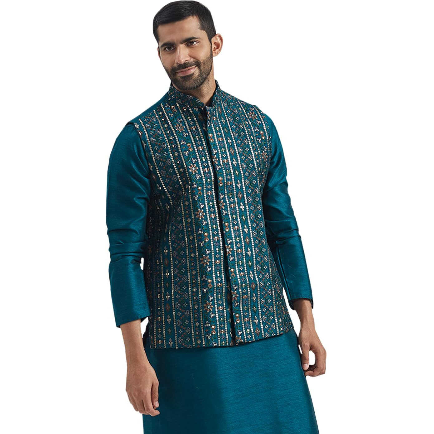 VASTRAMAY Men's Turquoise Silk Blend Nehru Jacket - Embroidered Sequined Nehru Jacket For Men.