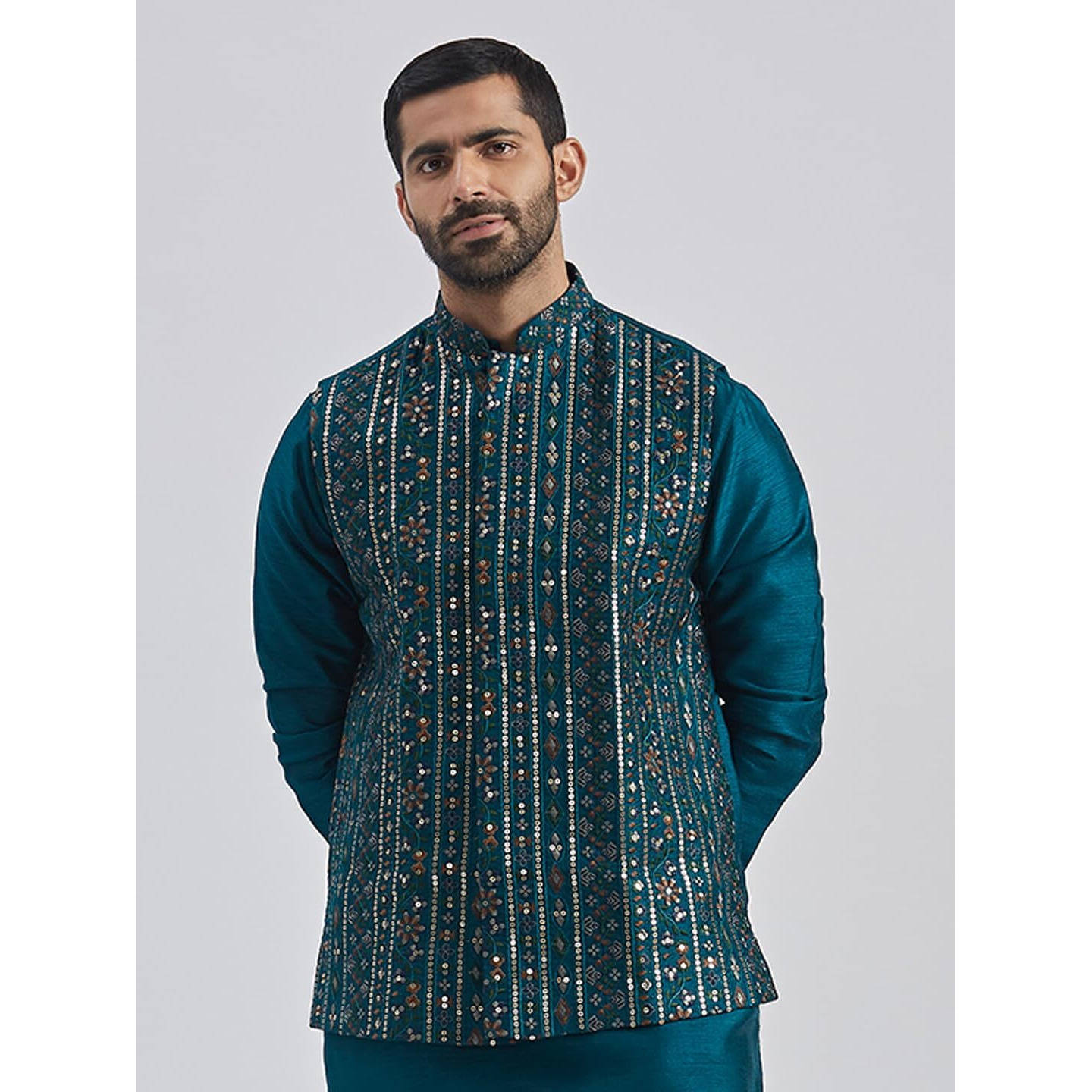 VASTRAMAY Men's Turquoise Silk Blend Nehru Jacket - Embroidered Sequined Nehru Jacket For Men.