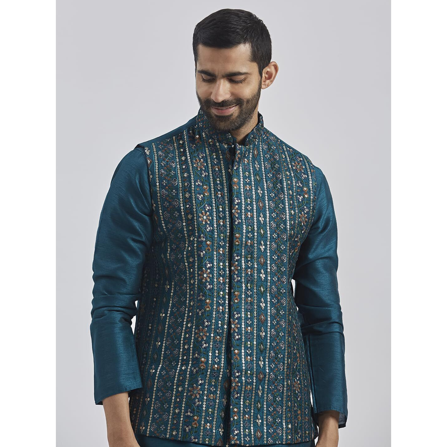 VASTRAMAY Men's Turquoise Silk Blend Nehru Jacket - Embroidered Sequined Nehru Jacket For Men.