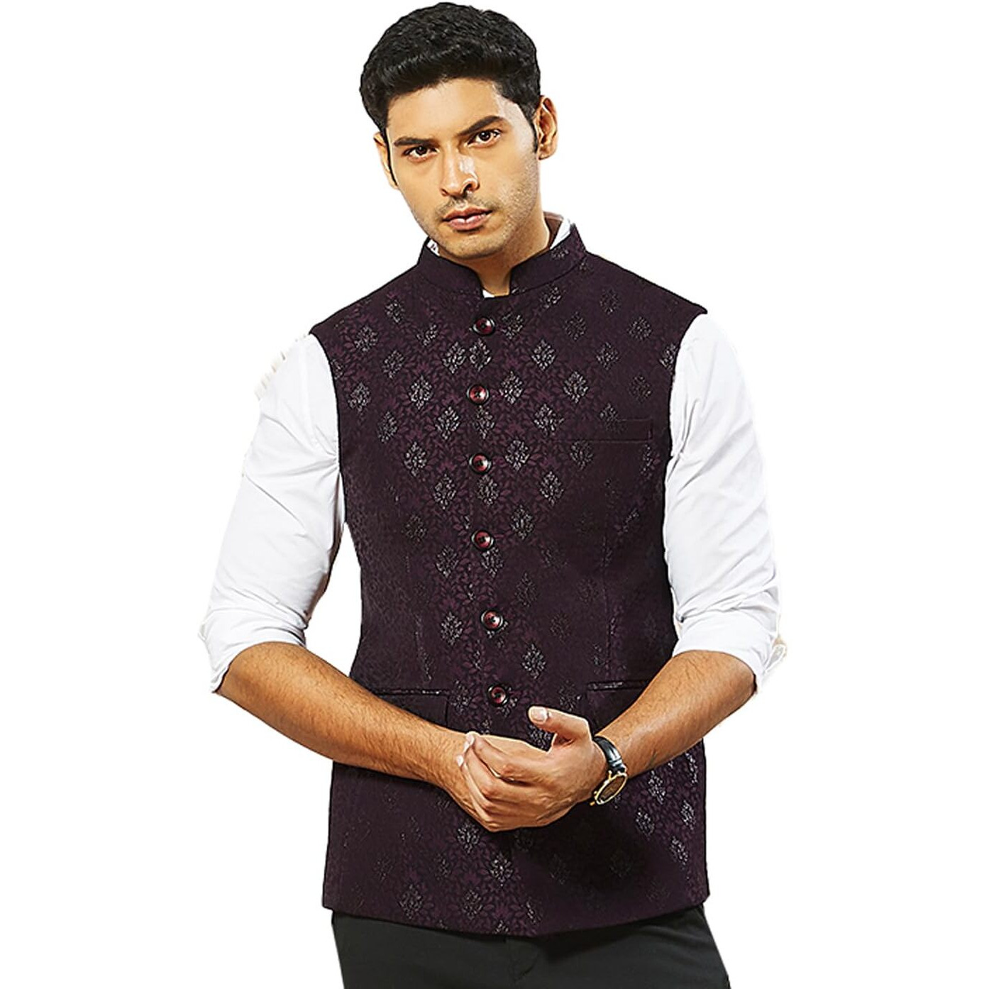 VASTRAMAY Men's Wine Silk Blend Jacket - Floral Nehru Jacket with Mandarin Collar  Sleek & Sophisticated for Formal & Festive Occasions