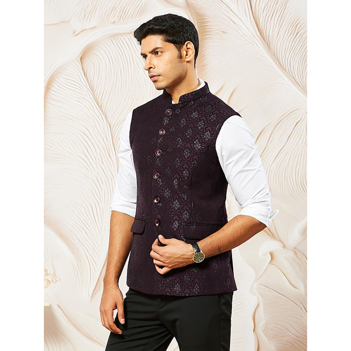 VASTRAMAY Men's Wine Silk Blend Jacket - Floral Nehru Jacket with Mandarin Collar  Sleek & Sophisticated for Formal & Festive Occasions