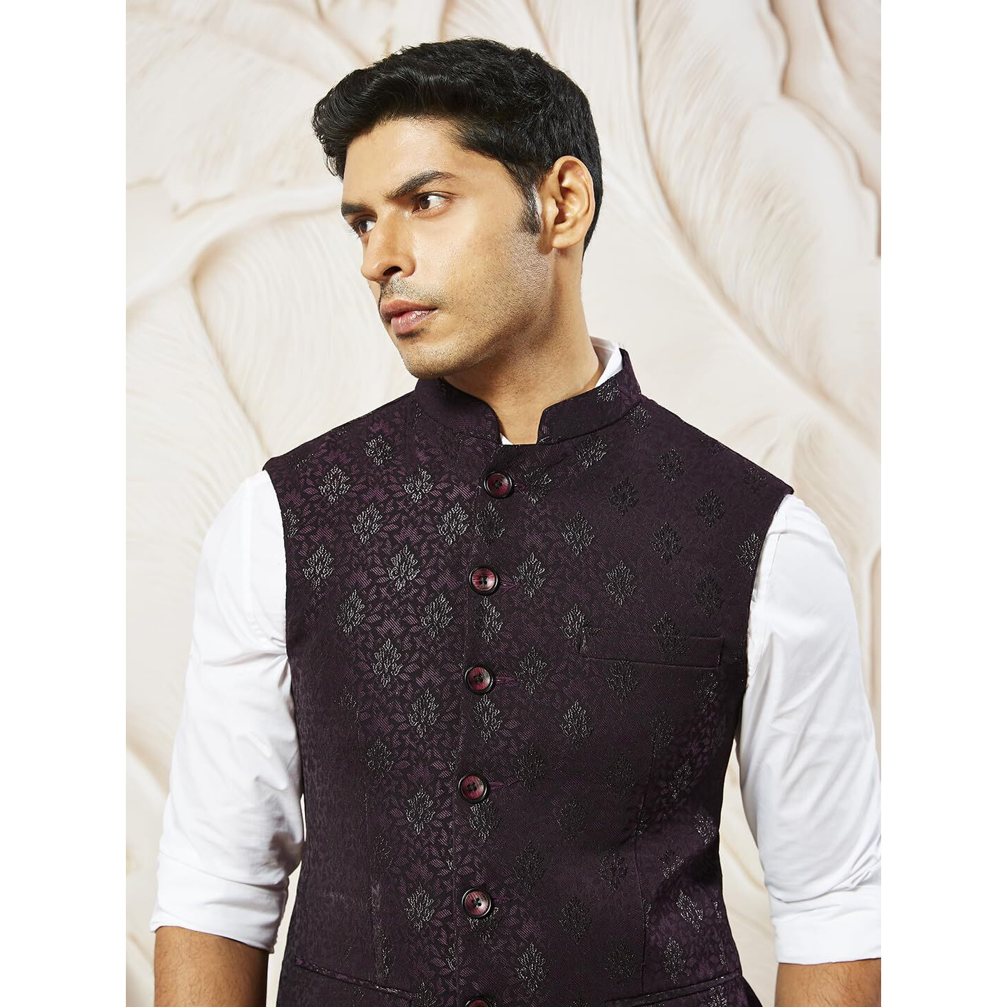 VASTRAMAY Men's Wine Silk Blend Jacket - Floral Nehru Jacket with Mandarin Collar  Sleek & Sophisticated for Formal & Festive Occasions